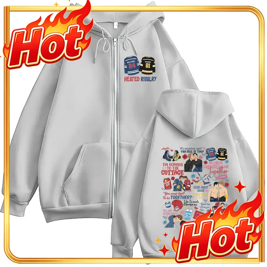 Mens Fashion Zip Up Hoodies - Isıtmalı Rivalry Baskılı Fermuarlı Kapüşonlu Sweatshirt,